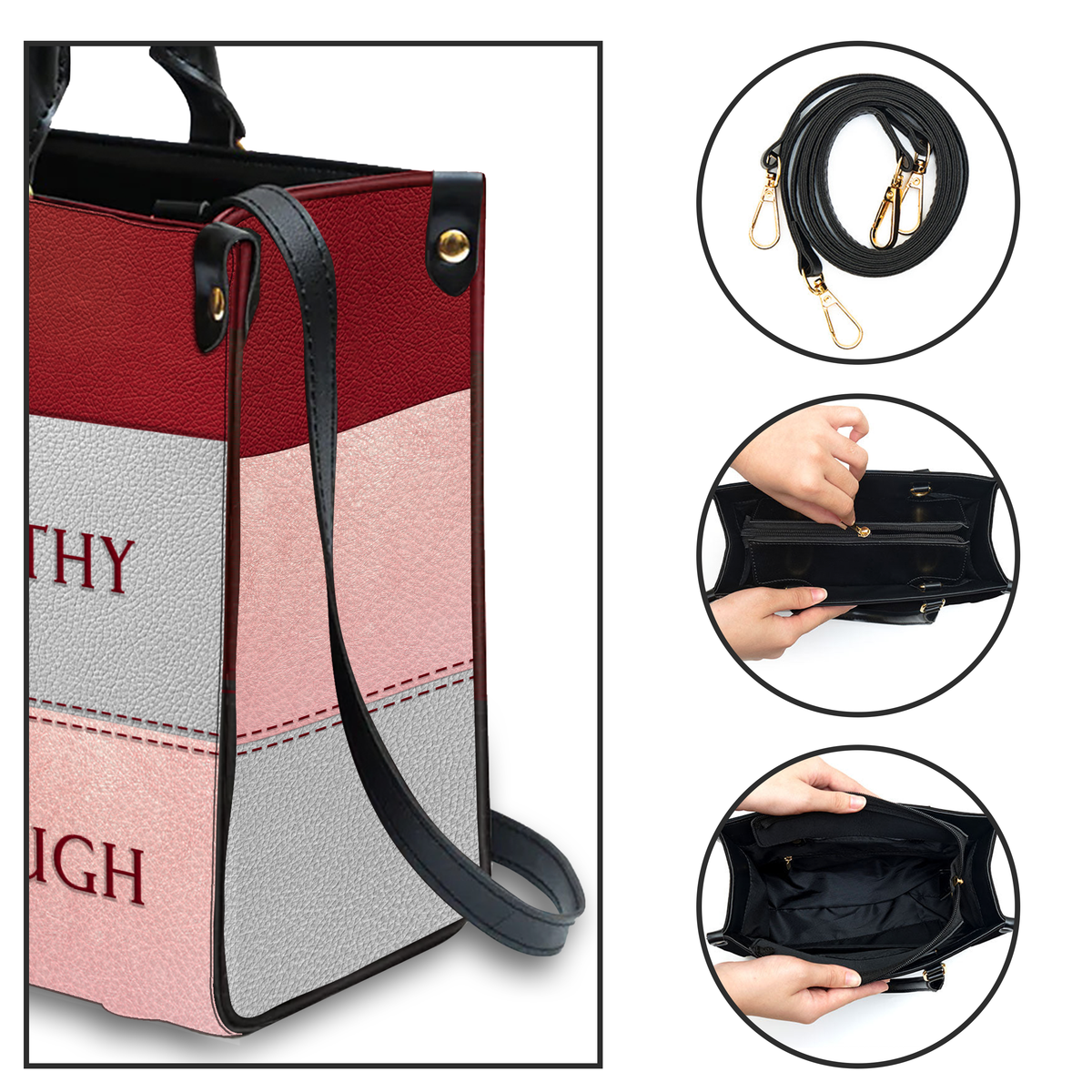 Red Leather Texture Inspirational I Am Custom Leather Handbag - Personalized Custom Leather Bag