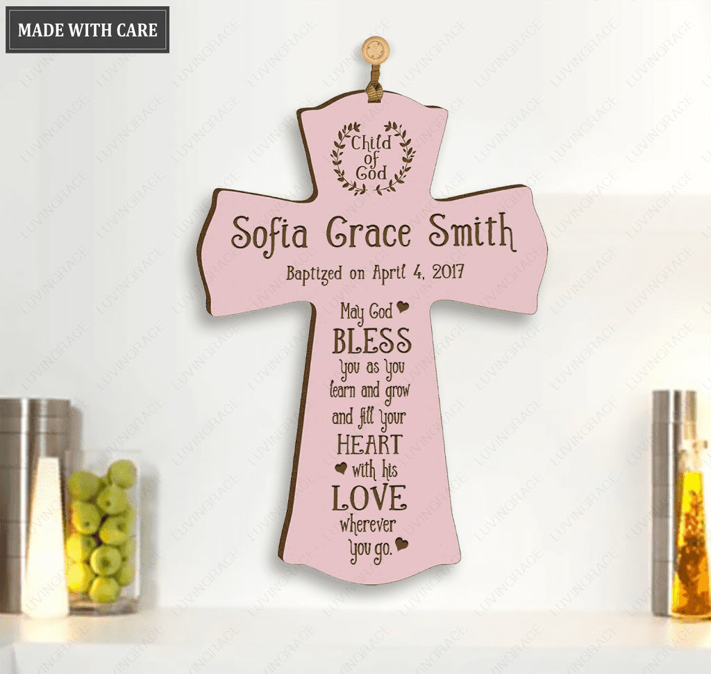 Personalized Pink Hanging Cross Baptism Gift