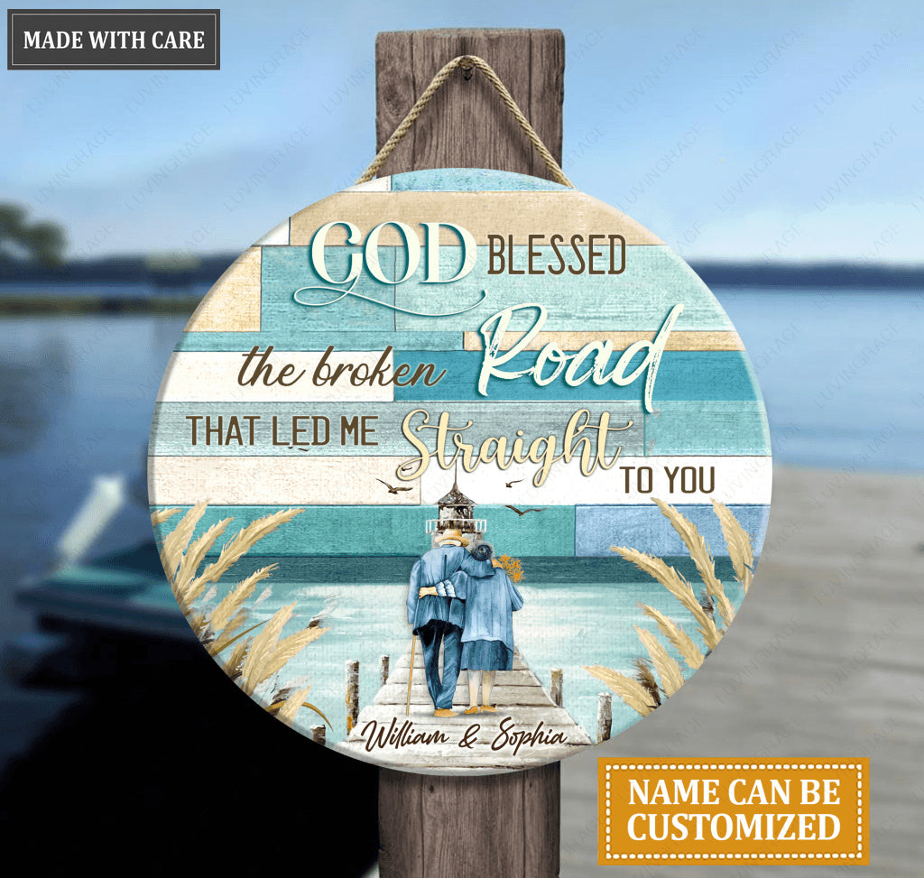 Personalized God Blessed Beach Wood Circle Sign