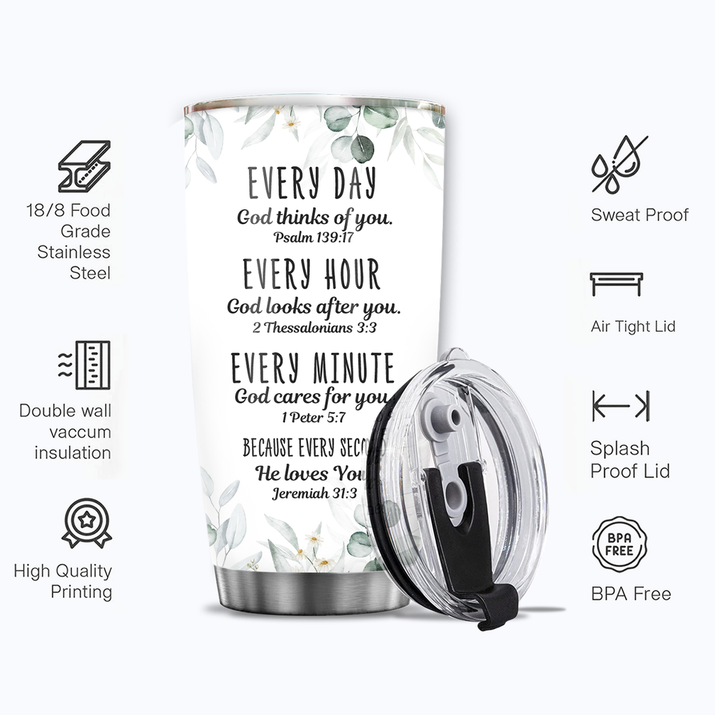 Green Leaf Every Day God Thinks Of You Custom Tumbler Birthday Gifts For Women Christian Gifts Custom Name Gift - Personalized Stainless Steel Tumbler