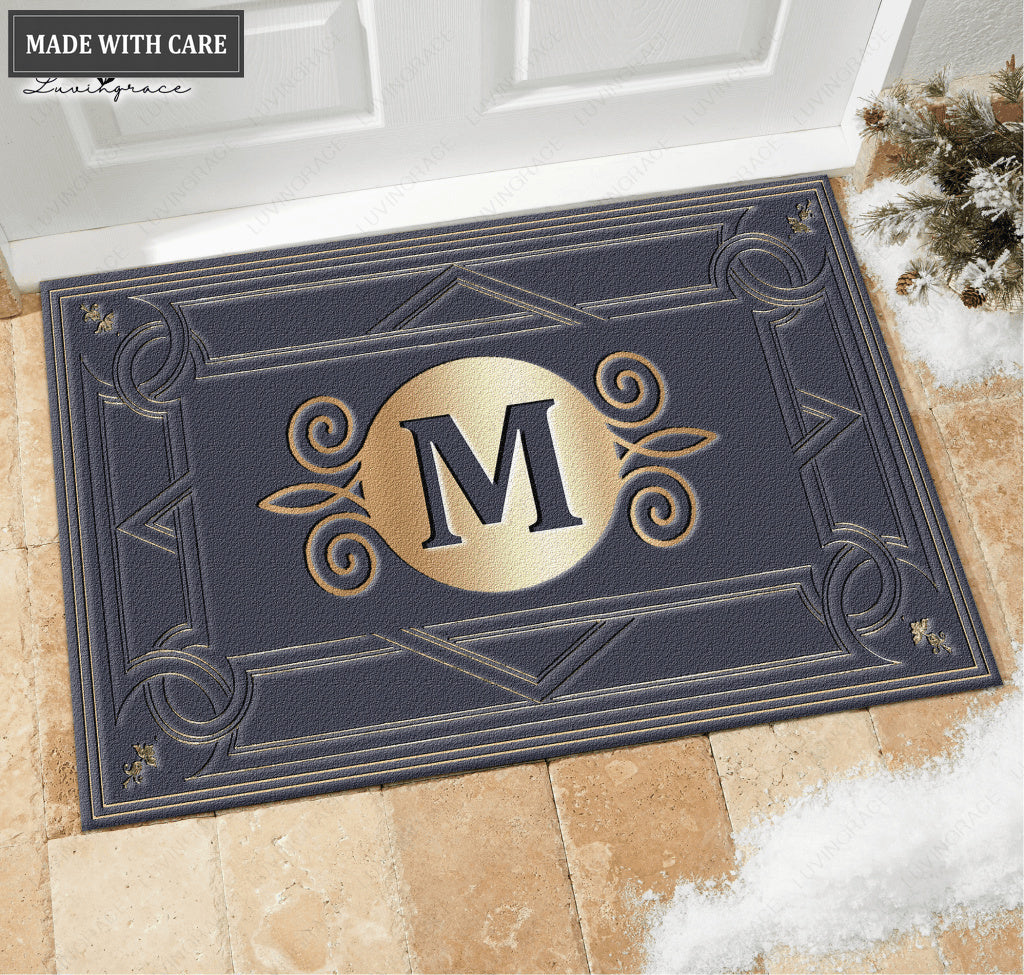 Printfamily L02 Vintage Monogram The First Letter of Family Name Personalized Doormat