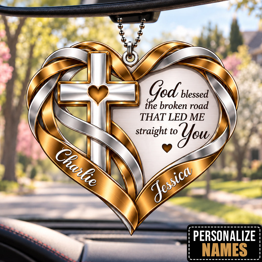 Personalized Names Interwoven Ribbon Heart God Blessed Ornament – Christian Gift for Couples