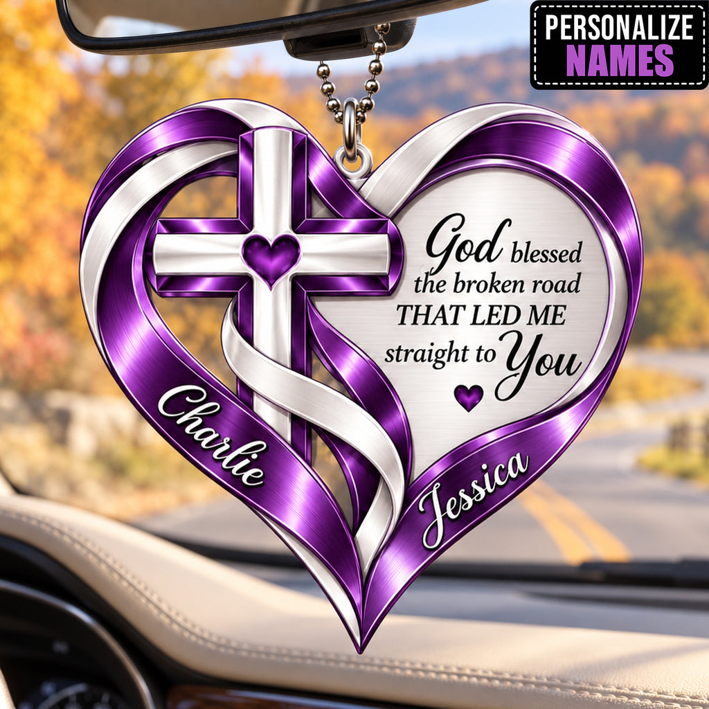 Personalized Names Purple God Blessed Heart Car Ornament - Christian Faith Gift for Couples