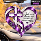 Personalized Names Purple God Blessed Heart Car Ornament - Christian Faith Gift for Couples