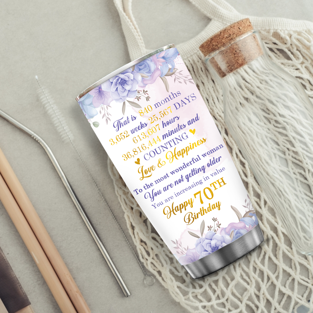 Purple Flower Golden Glitter 70th Birthday You Have Been Loved For 70 Years Custom Gifts Men Women Stainless Steel Tumbler - Personalized Stainless Steel Tumbler