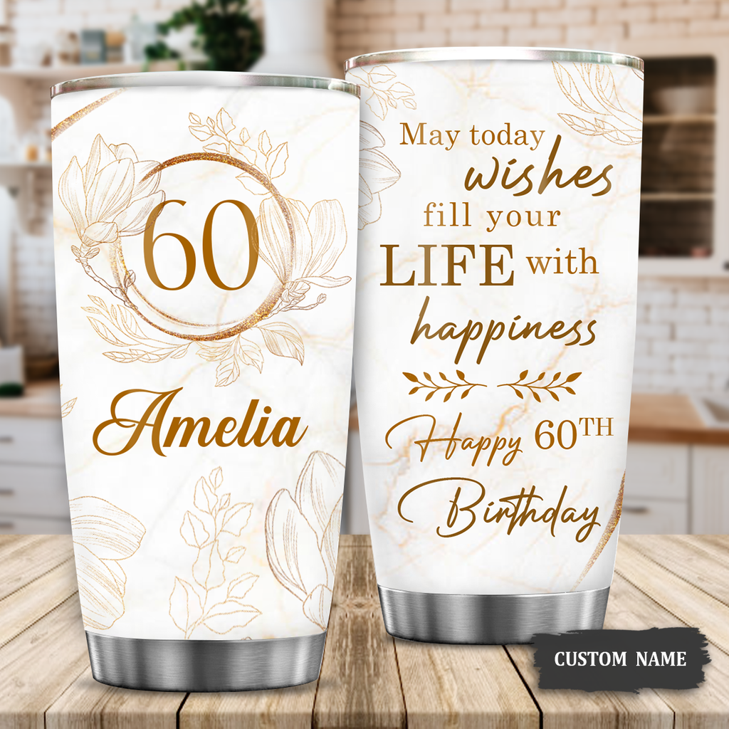 Vintage Elegant Floral Golden Glitter 60th Birthday Today's Wishes Bring You Beautiful Custom Gifts Men Women Stainless Steel Tumbler - Personalized Stainless Steel Tumbler