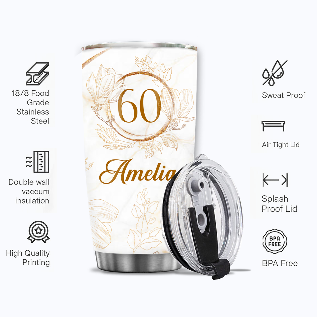 Vintage Elegant Floral Golden Glitter 60th Birthday Today's Wishes Bring You Beautiful Custom Gifts Men Women Stainless Steel Tumbler - Personalized Stainless Steel Tumbler
