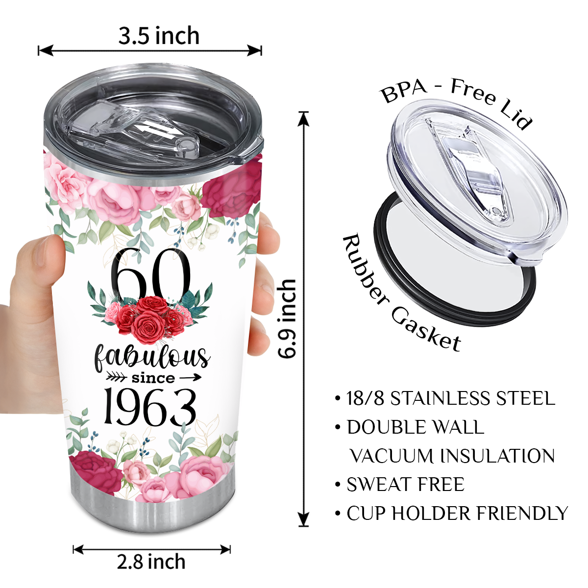 Pink Roses Floral 60th Birthday Fabulous Since 1963 Custom Gifts Men Women Stainless Steel Tumbler - Personalized Stainless Steel Tumbler
