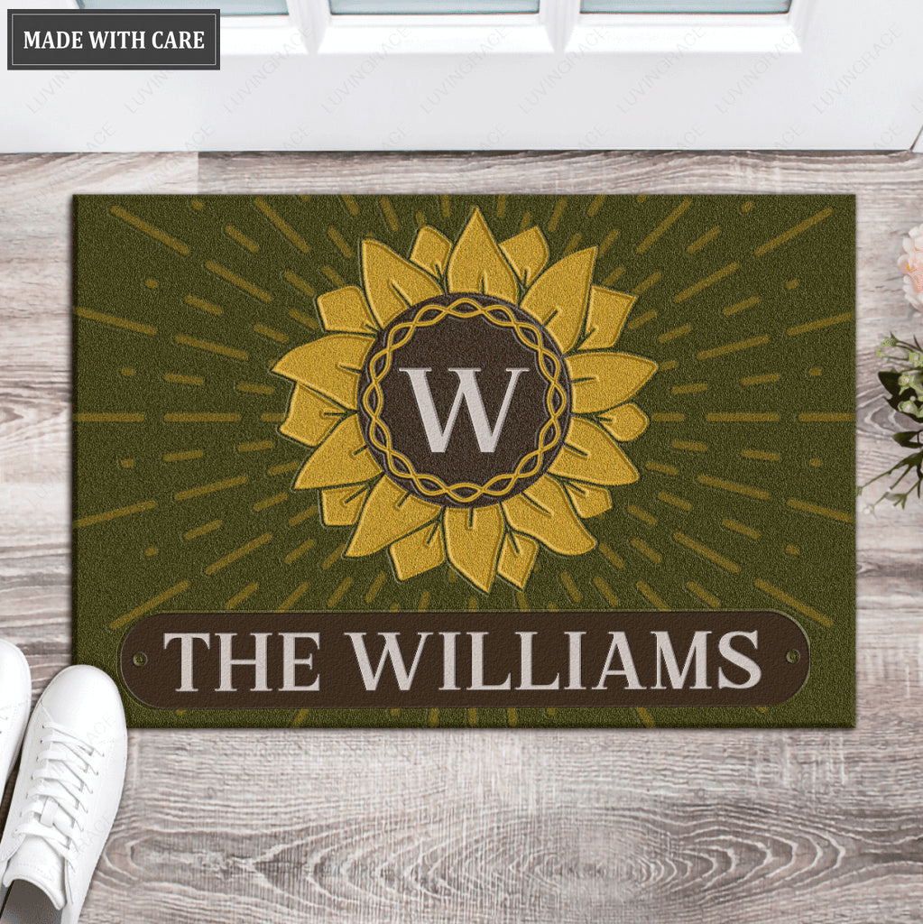 Printfamily L92 Sunflower Monogram Collection Family Name Personalized Doormat