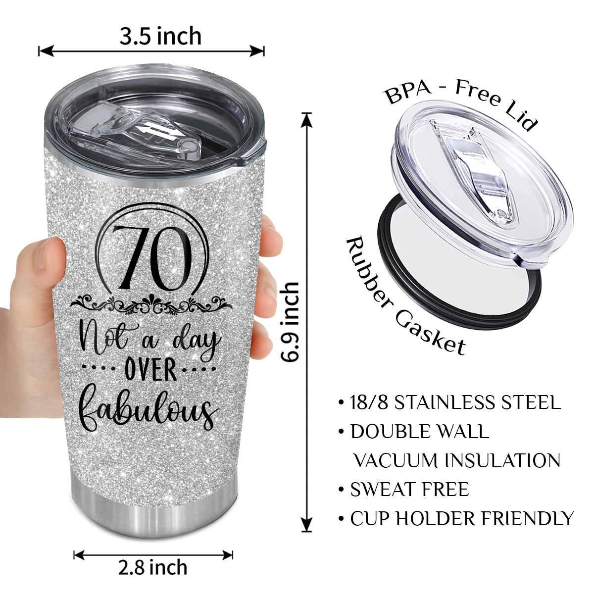 Glitter Silver 70th Birthday Not A Day Over Fabulous Custom Gifts Tumbler - Personalized Stainless Steel Tumble