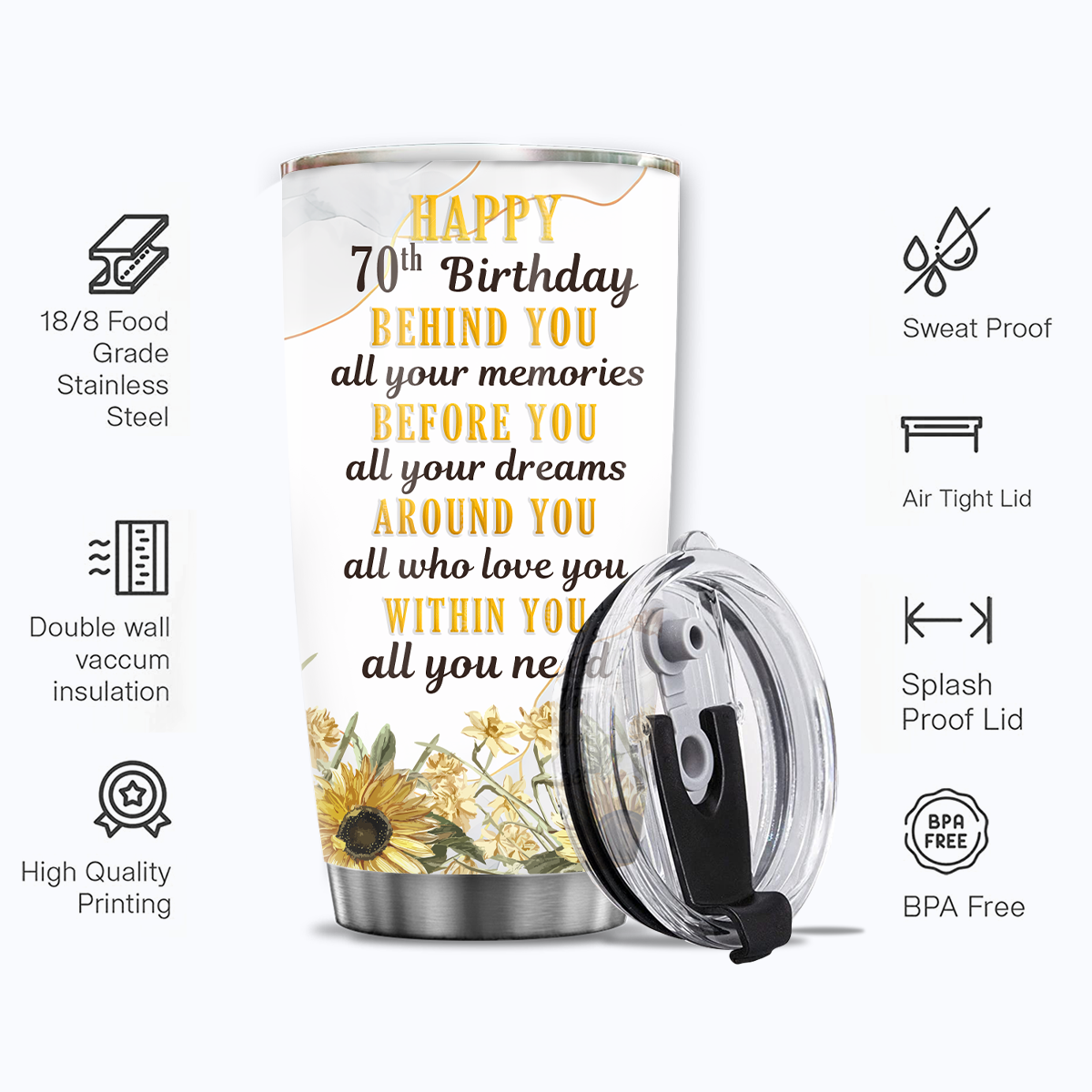 Sunflower Butterfly Marble 70th Birthday Behind You All Your Memories Custom Gifts Tumbler - Personalized Stainless Steel Tumbler