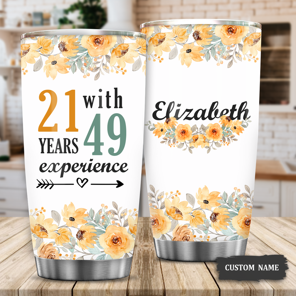 Vintage Floral 70th Birthday Funny 21 With 49 Years Experience Custom Tumbler - Personalized Stainless Steel Tumbler