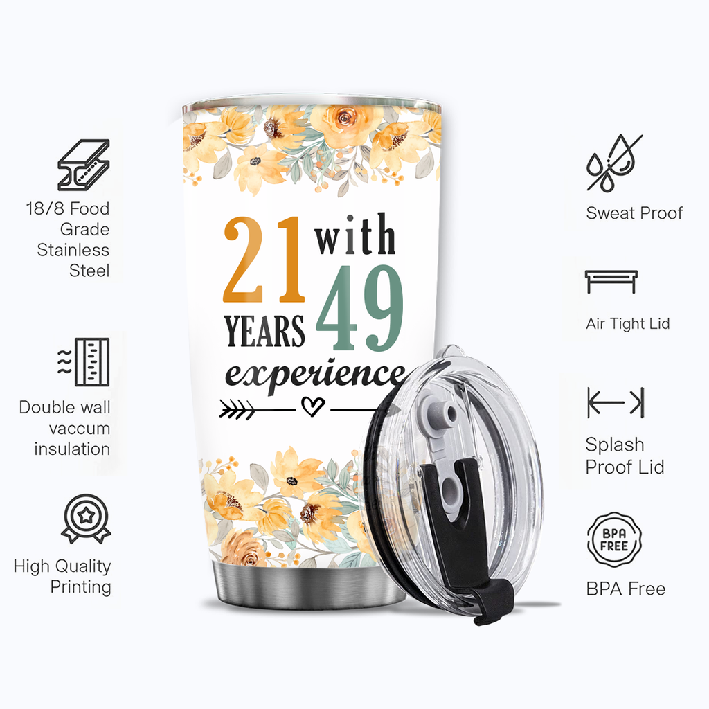 Vintage Floral 70th Birthday Funny 21 With 49 Years Experience Custom Tumbler - Personalized Stainless Steel Tumbler