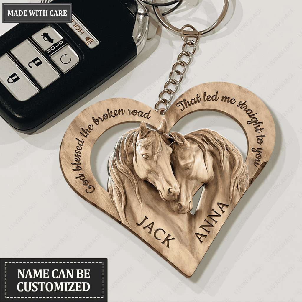 Horses In Love God Blessed Personalized Wooden Keychain