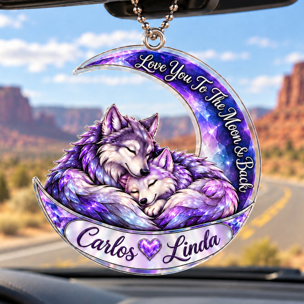 Personalized Names Love You to the Moon & Back Purple Crystal Wolf Couple Ornament – Anniversary Gift