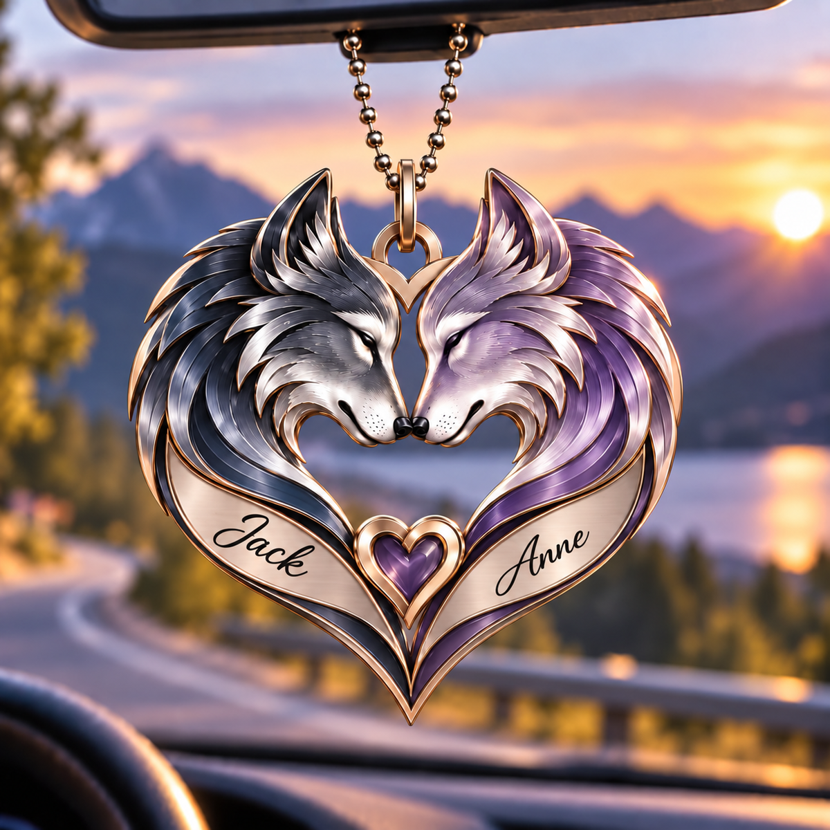 Couple Wolf Heart Personalized Ornament - Custom Names Romantic Love with Wolf Couple Heart Car Ornament - Gift for Couples, Anniversary Gifts for Husband & Wife, for Wolf Lovers