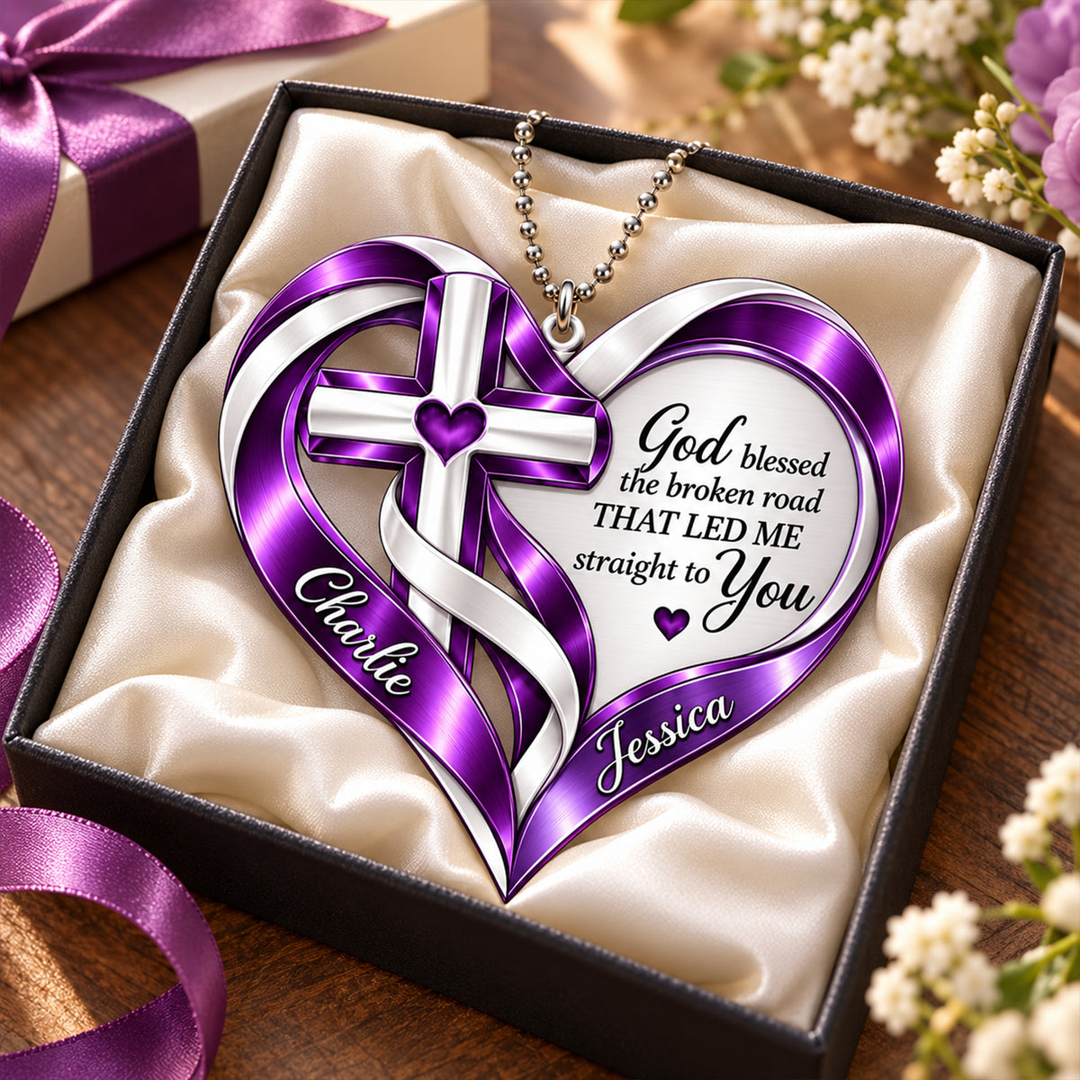 Personalized Names Purple God Blessed Heart Car Ornament - Christian Faith Gift for Couples