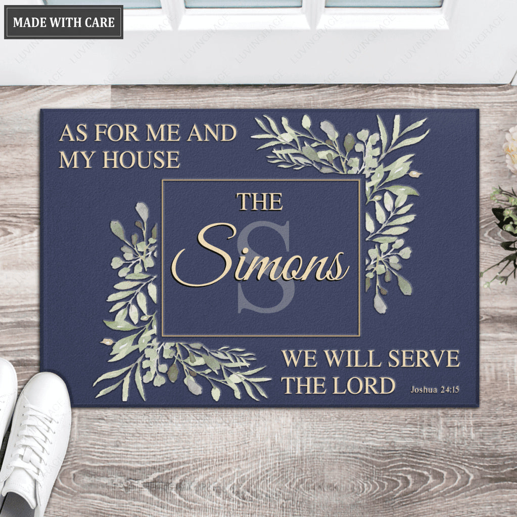 Greenery Floral Navy Blue Serve The Lord Personalized Doormat