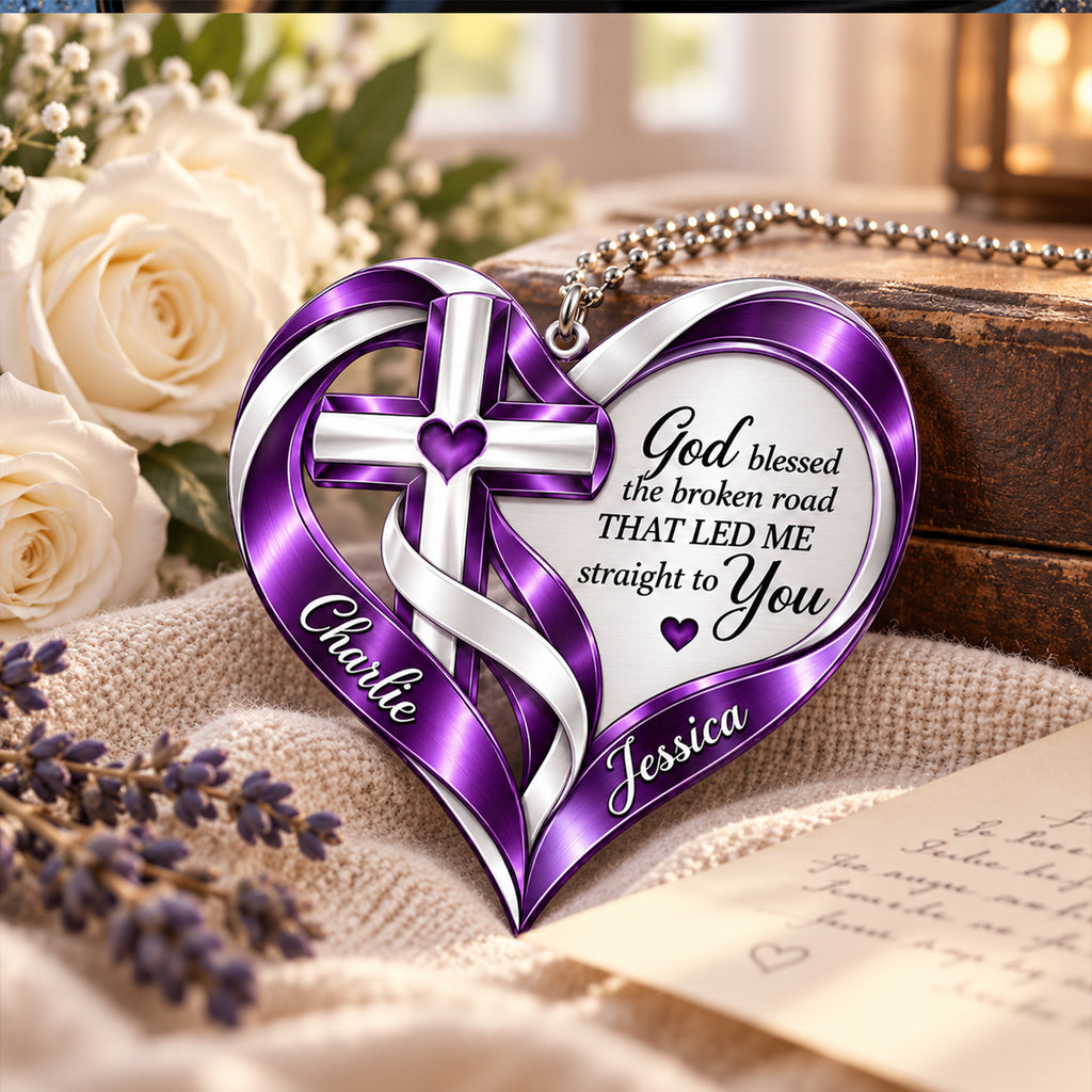 Personalized Names Purple God Blessed Heart Car Ornament - Christian Faith Gift for Couples