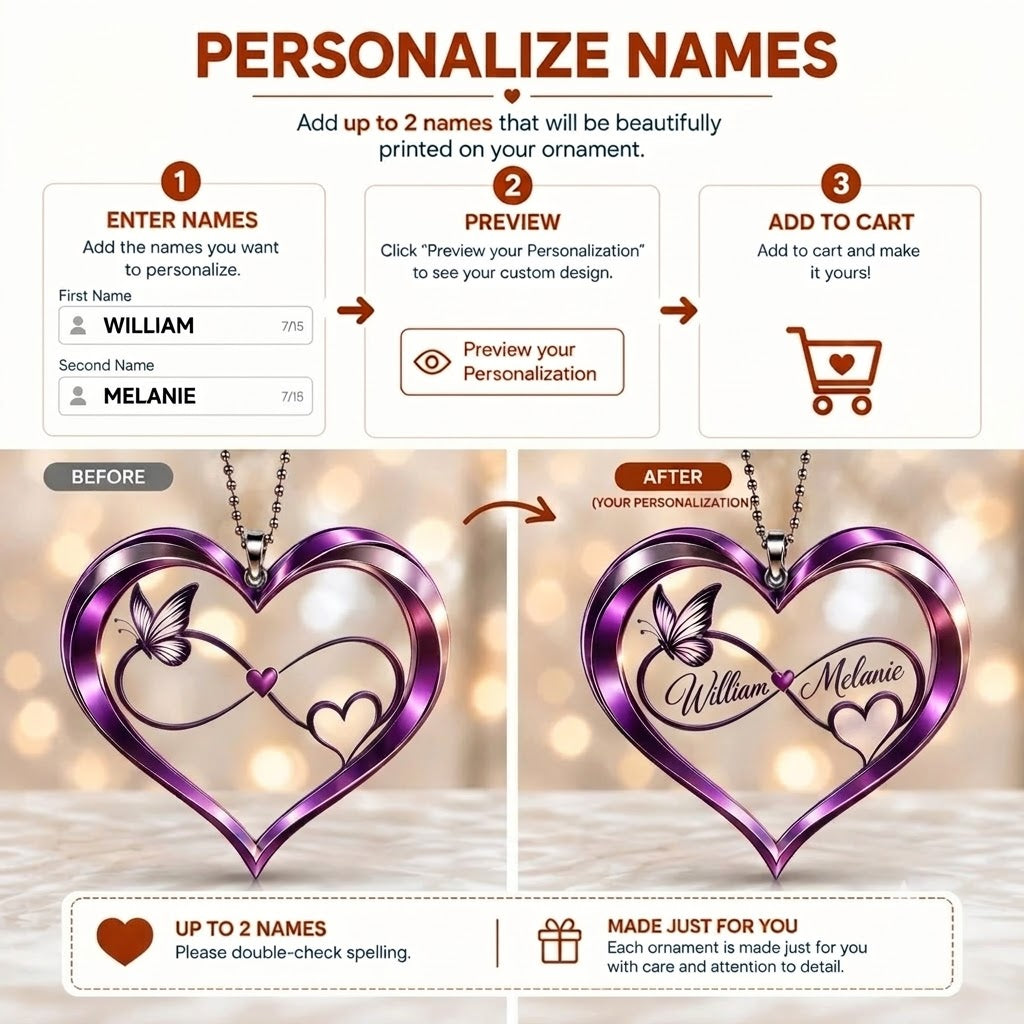 Personalized Names Infinity Heart Butterfly Ornament - Romantic Gift for Couple