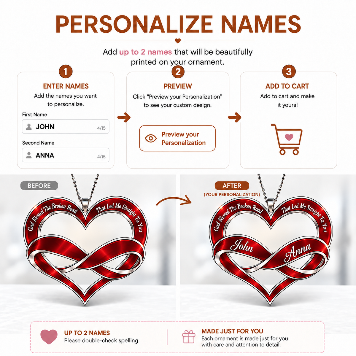 Personalized Couple Heart Infinity Ornament – Custom Names Forever Love Car Hanging Ornament, Romantic Gift for Couples