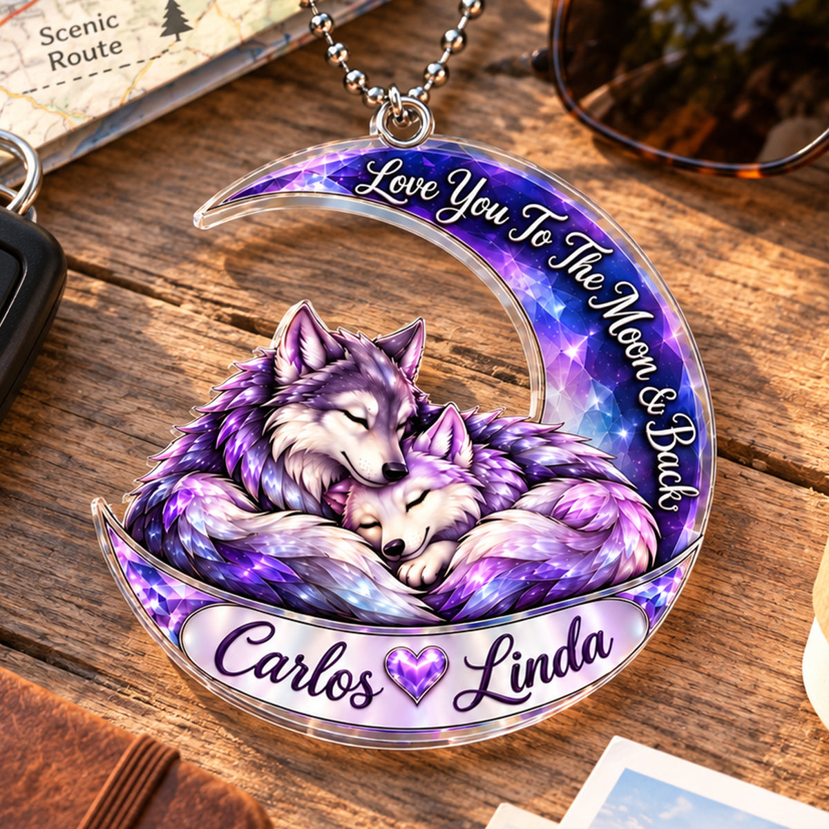 Personalized Names Love You to the Moon & Back Purple Crystal Wolf Couple Ornament – Anniversary Gift