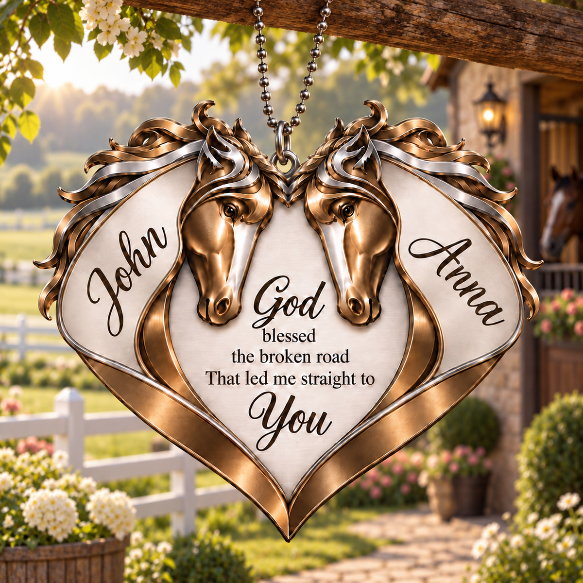 Couple Horse Heart God Blessed Personalized Ornament - Custom Names Horse Couple Heart Car Ornament Gift for Couples, Anniversary Gifts for Husband & Wife