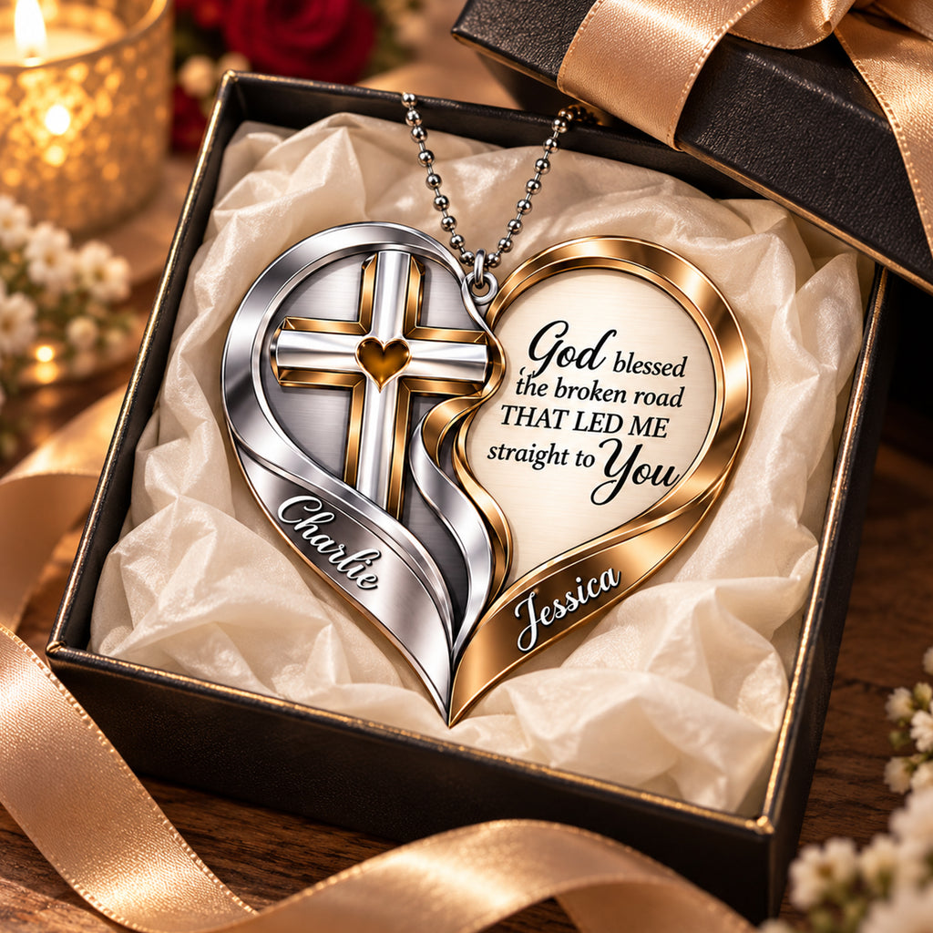 Personalized Names Interlocking Cross God Blessed Heart Ornament – Anniversary Gift for Him & Her