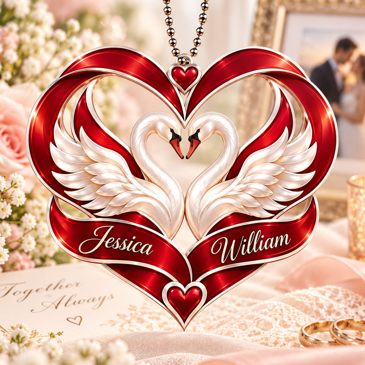 Personalized Names Swan Couple Heart Car Ornament – Anniversary Keepsake