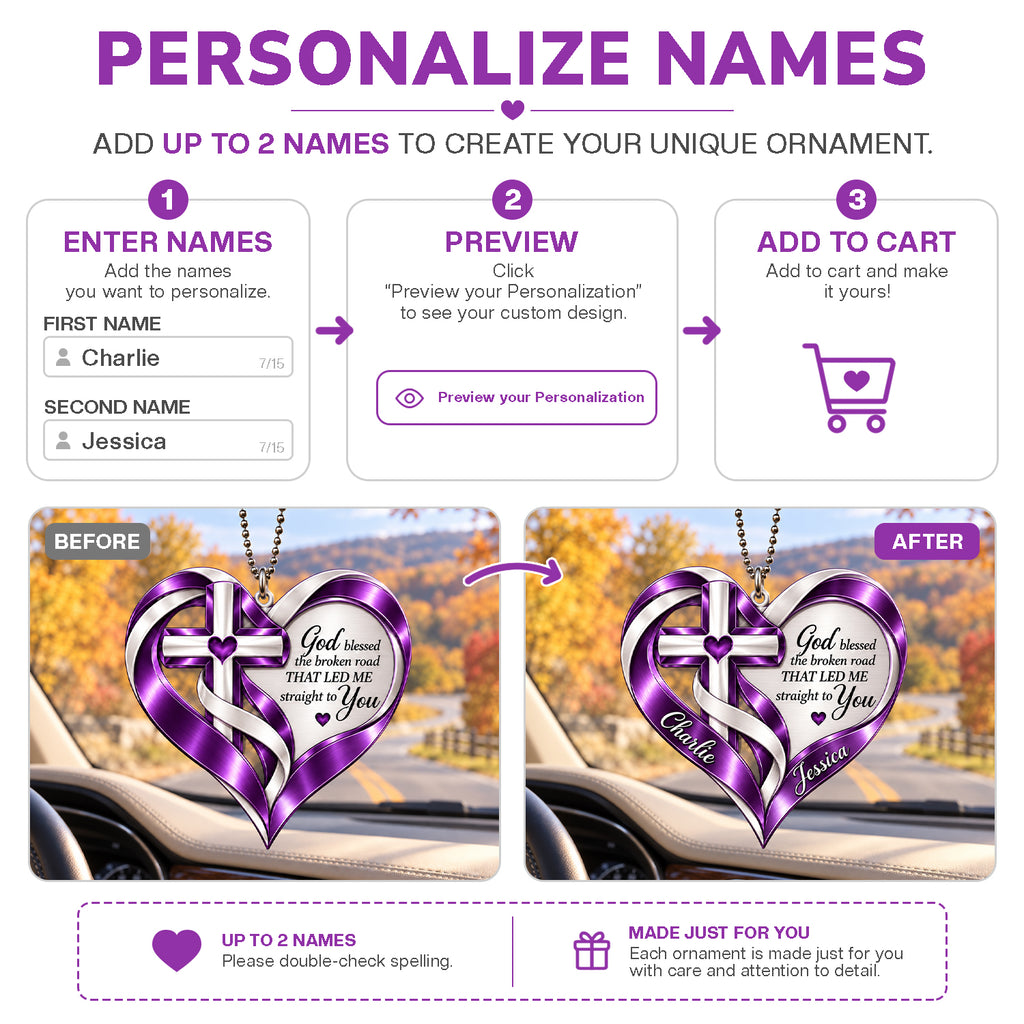 Personalized Names Purple God Blessed Heart Car Ornament - Christian Faith Gift for Couples