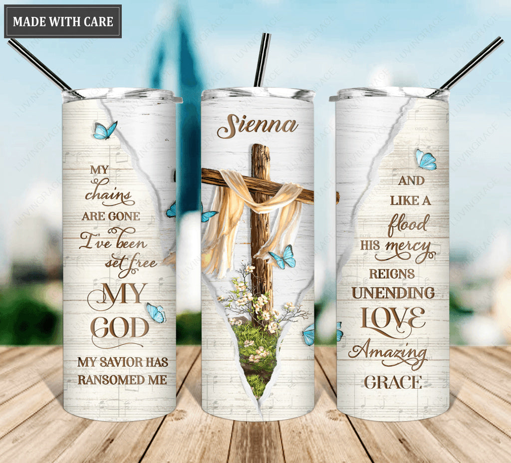 Personalized Cross I Have Been Set Free Skinny Tumbler