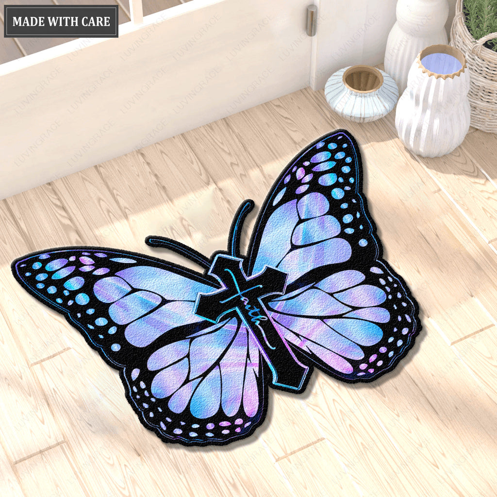 Hologram Butterfly Cross Faith Imagine Shaped Luxurious Doormat
