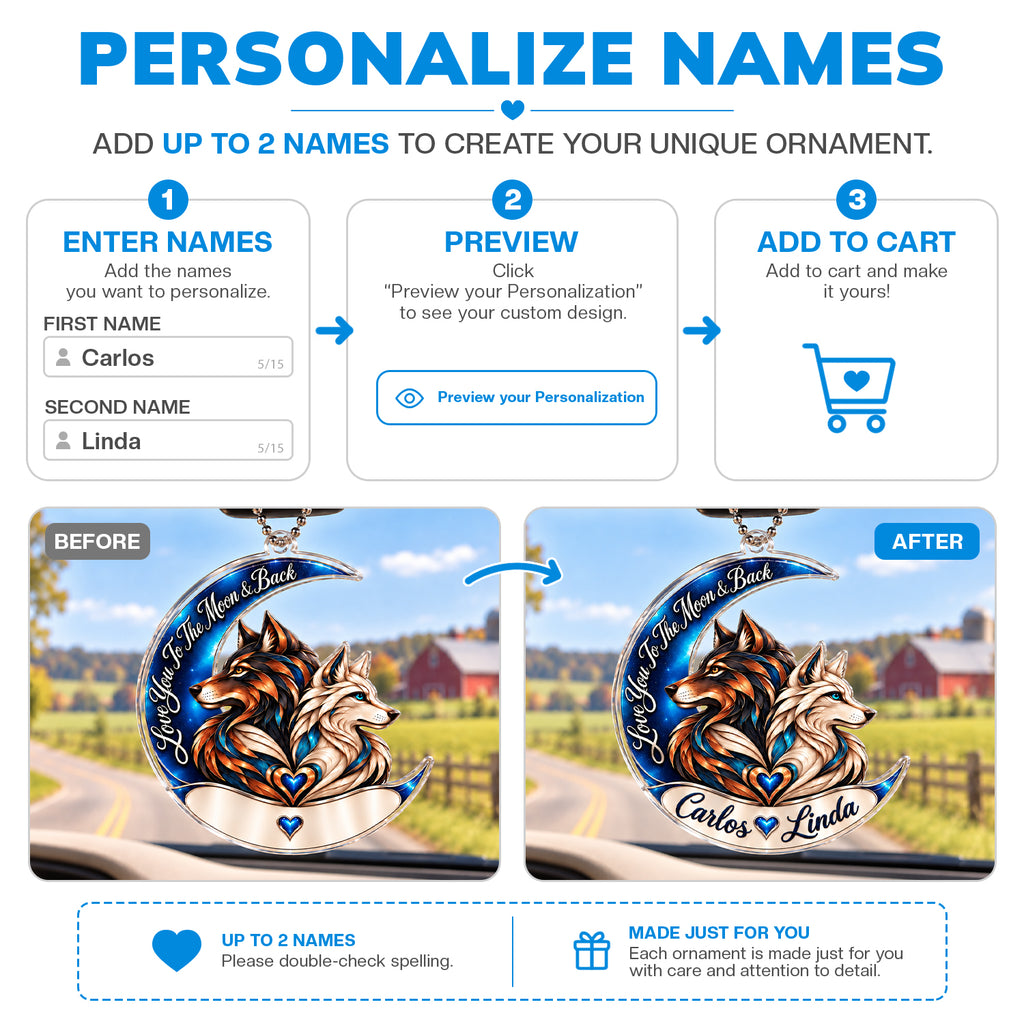 Personalized Names Love You to the Moon & Back Wolf Couple Ornament – Anniversary Gift