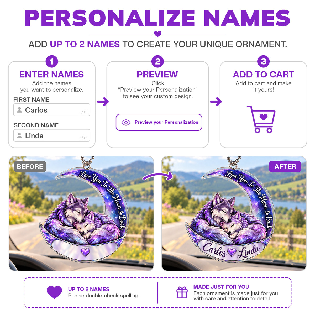 Personalized Names Love You to the Moon & Back Purple Crystal Wolf Couple Ornament – Anniversary Gift