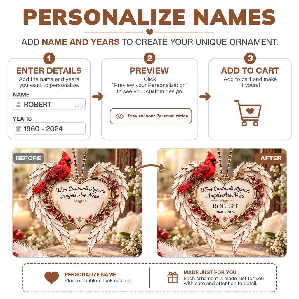 Personalized Name & Years Cardinal Angel Wings Memorial Ornament – Sympathy Gift for Loss of Loved One