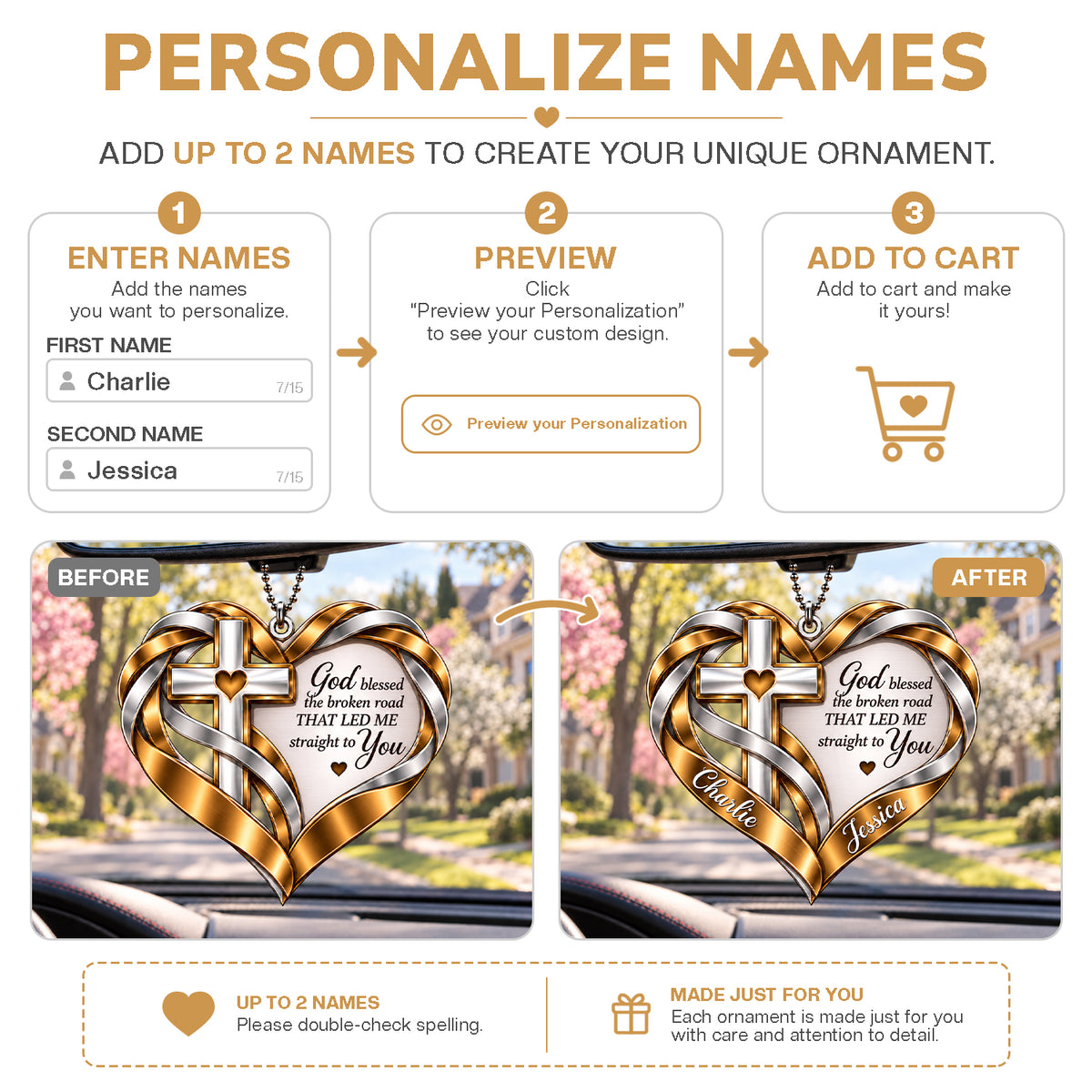 Personalized Names Interwoven Ribbon Heart God Blessed Ornament – Christian Gift for Couples