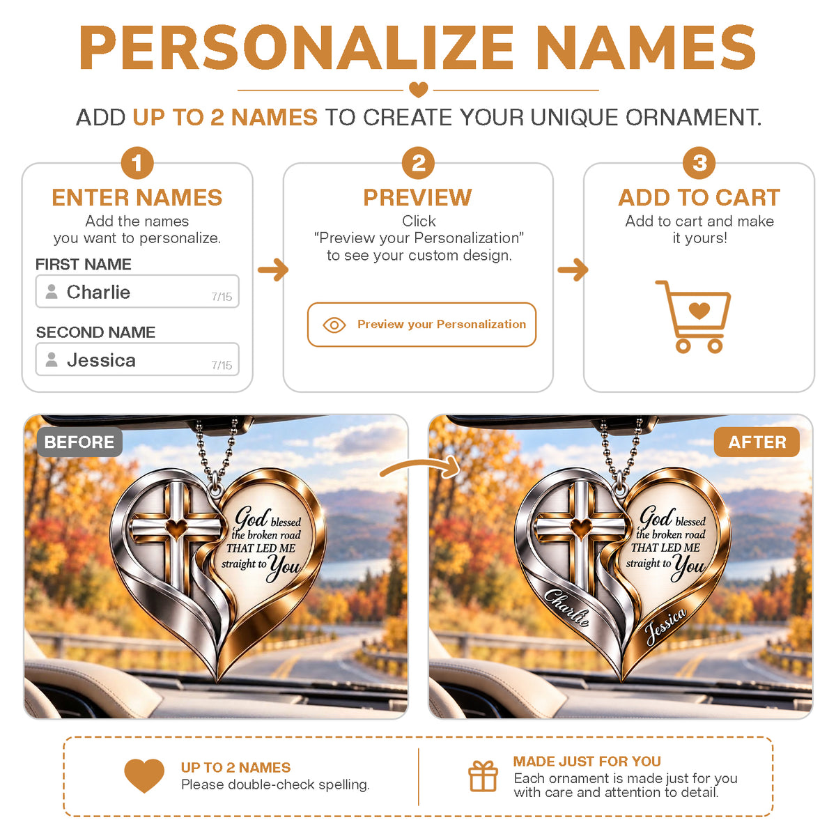 Personalized Names Interlocking Cross God Blessed Heart Ornament – Anniversary Gift for Him & Her