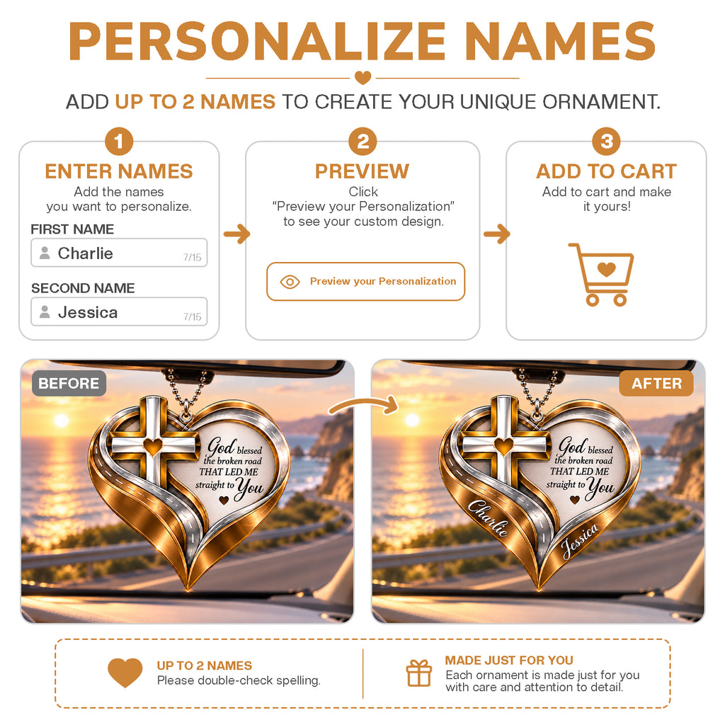 Personalized Names Christian Cross Heart Ornament – Faith Gift for Couples