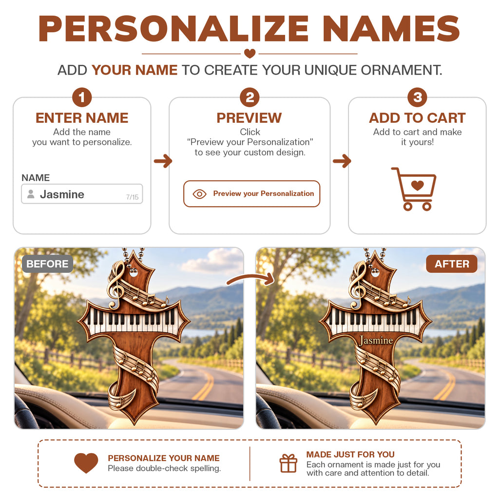 Personalized Name Piano Cross Car Ornament - Gift for Music Lovers, Artist Faith Keepsake