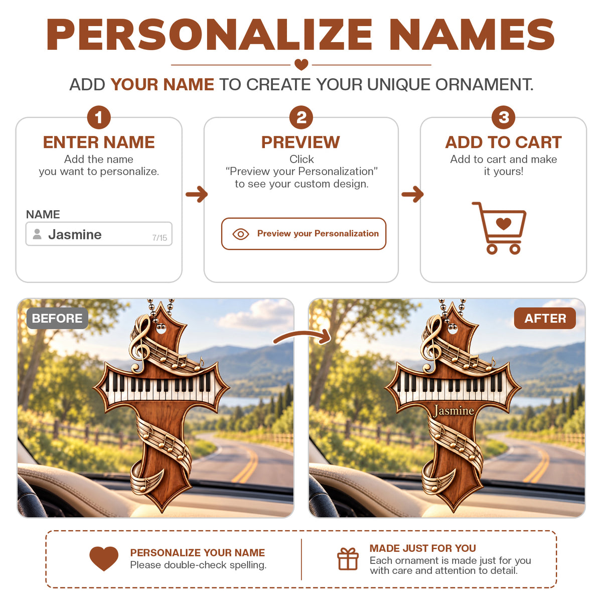 Personalized Name Piano Cross Car Ornament - Gift for Music Lovers, Artist Faith Keepsake