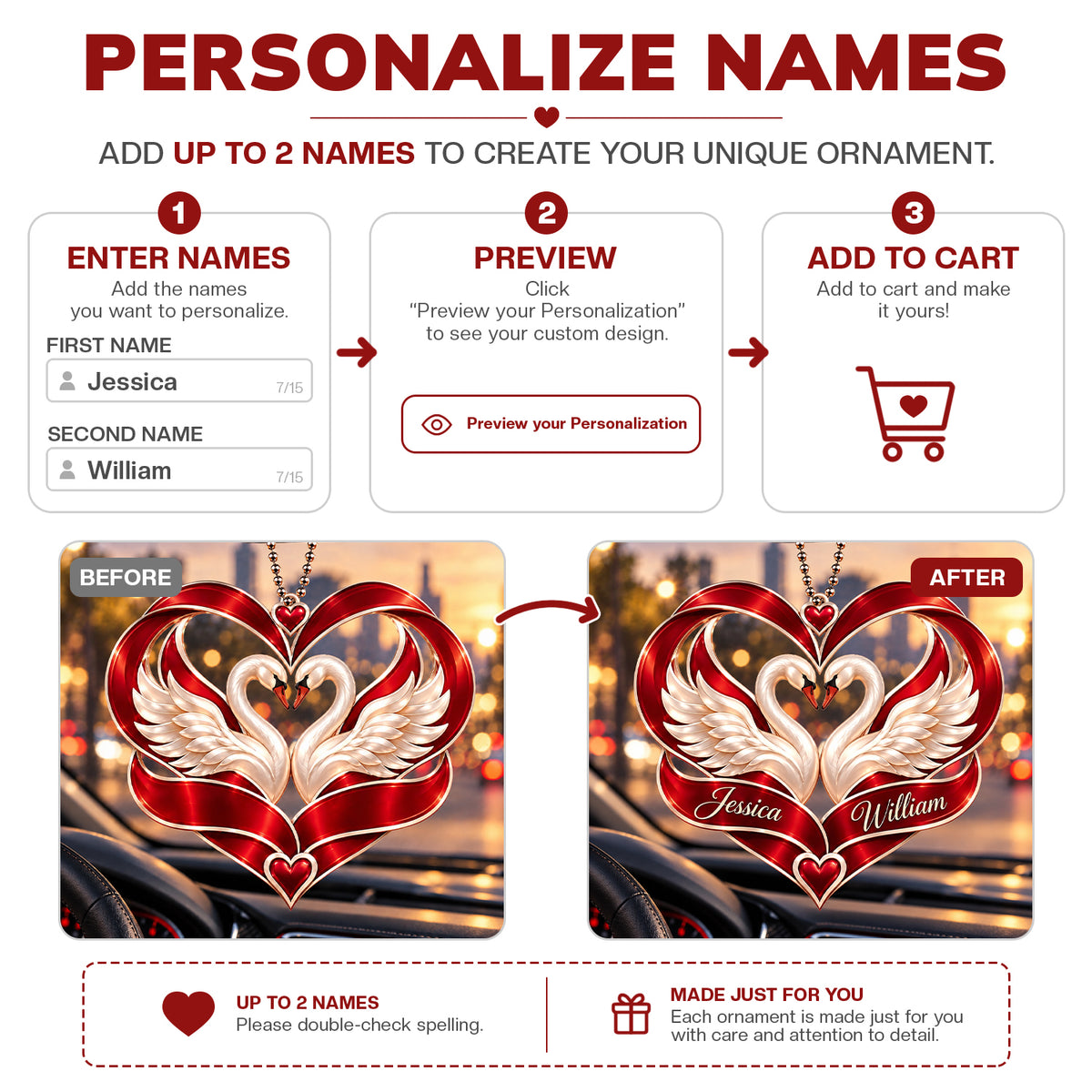 Personalized Names Swan Couple Heart Car Ornament – Anniversary Keepsake