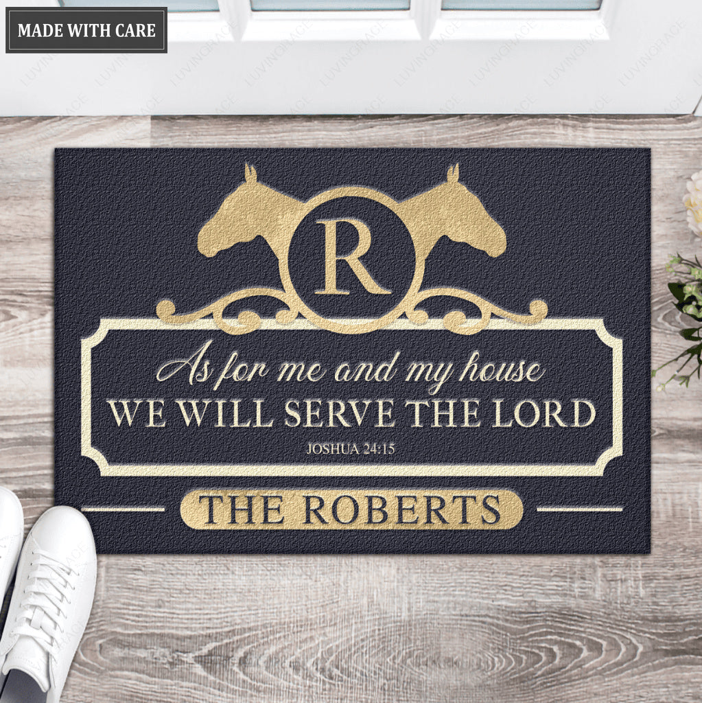 Horse Head Monogram Serve The Lord Personalized Doormat