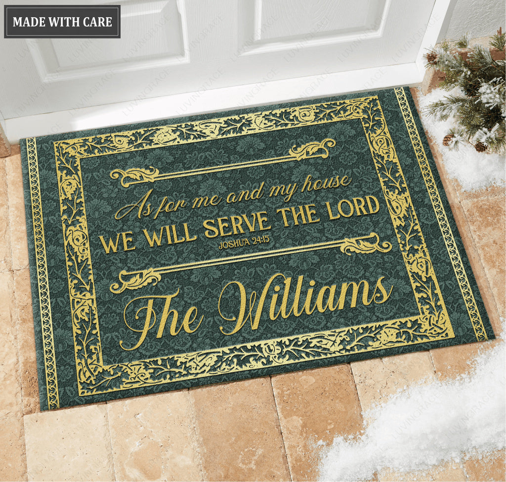 Gold Green Serve The Lord Personalized Doormat