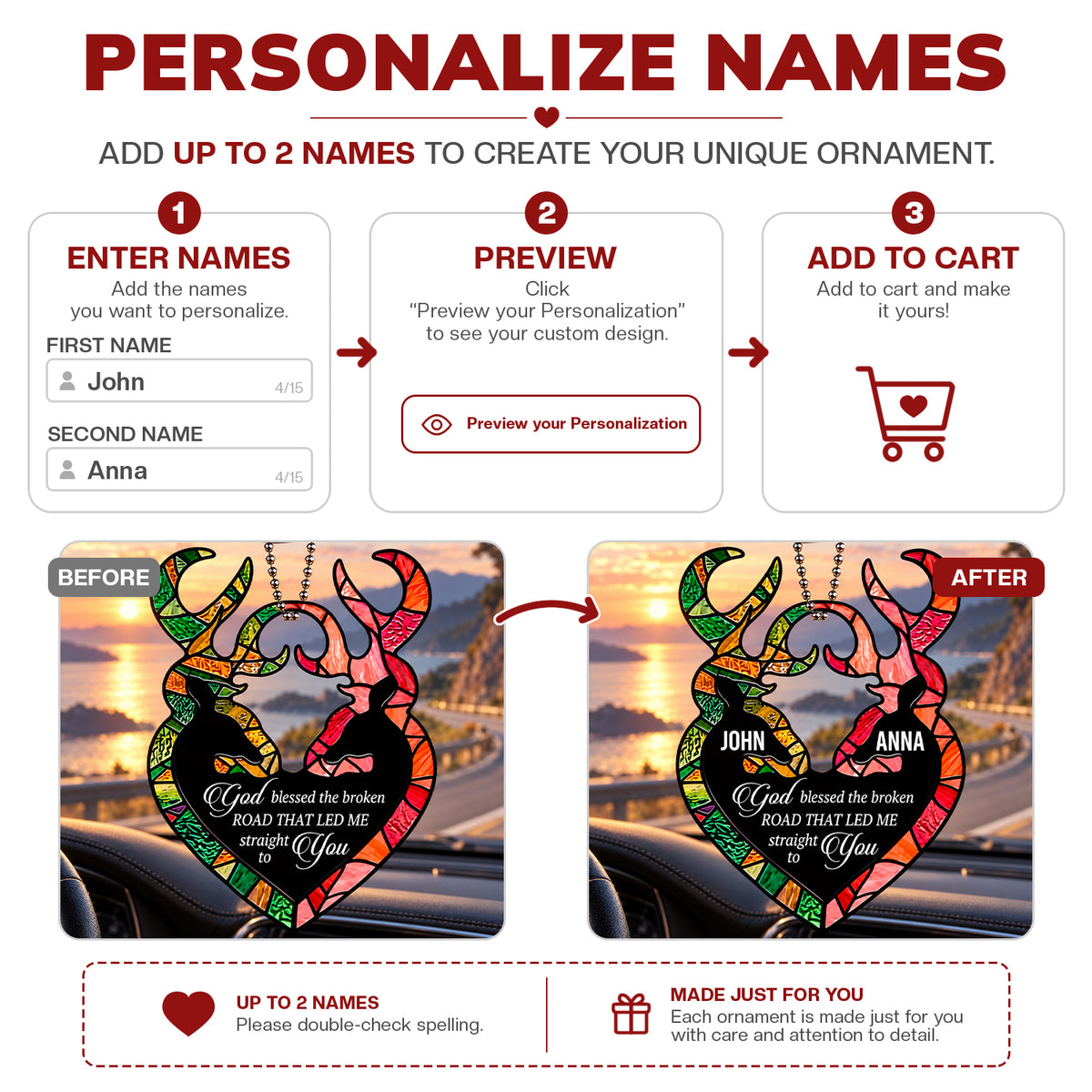 Personalized Names God Blessed Our Journey Deer Heart Ornament - Christian Couple Gift