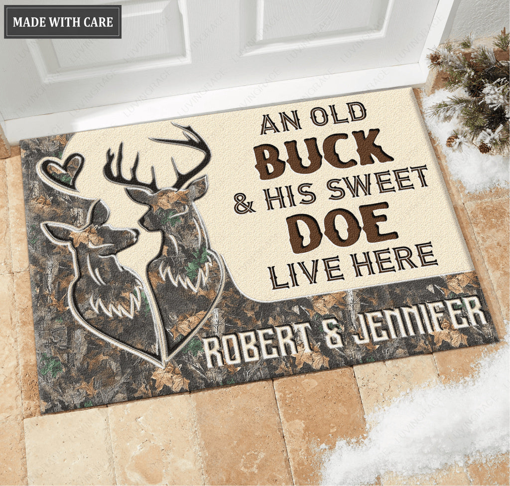 Deer Camo Old Buck And Doe Personalized Doormat