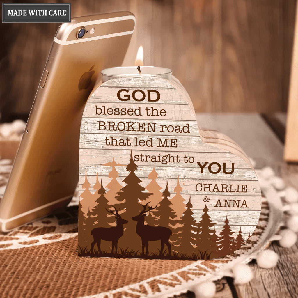 Old Wood Deer Couple In Forest God Blessed Personalized Candle Holder