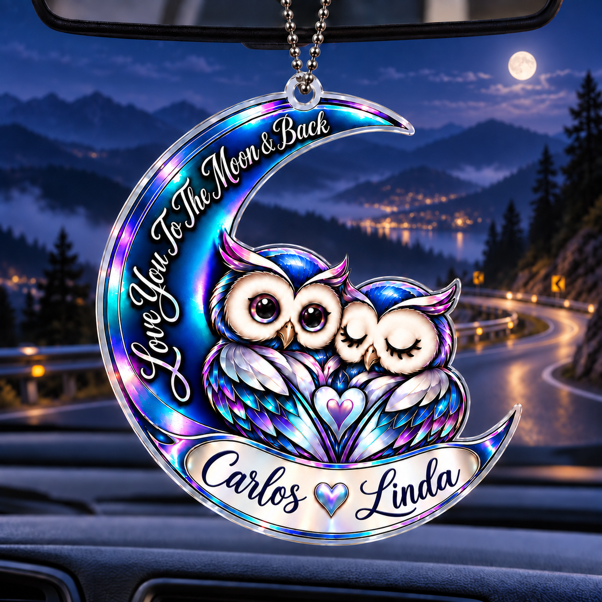 Personalized Names Blue Owl Couple Moon Ornament – Anniversary Keepsake