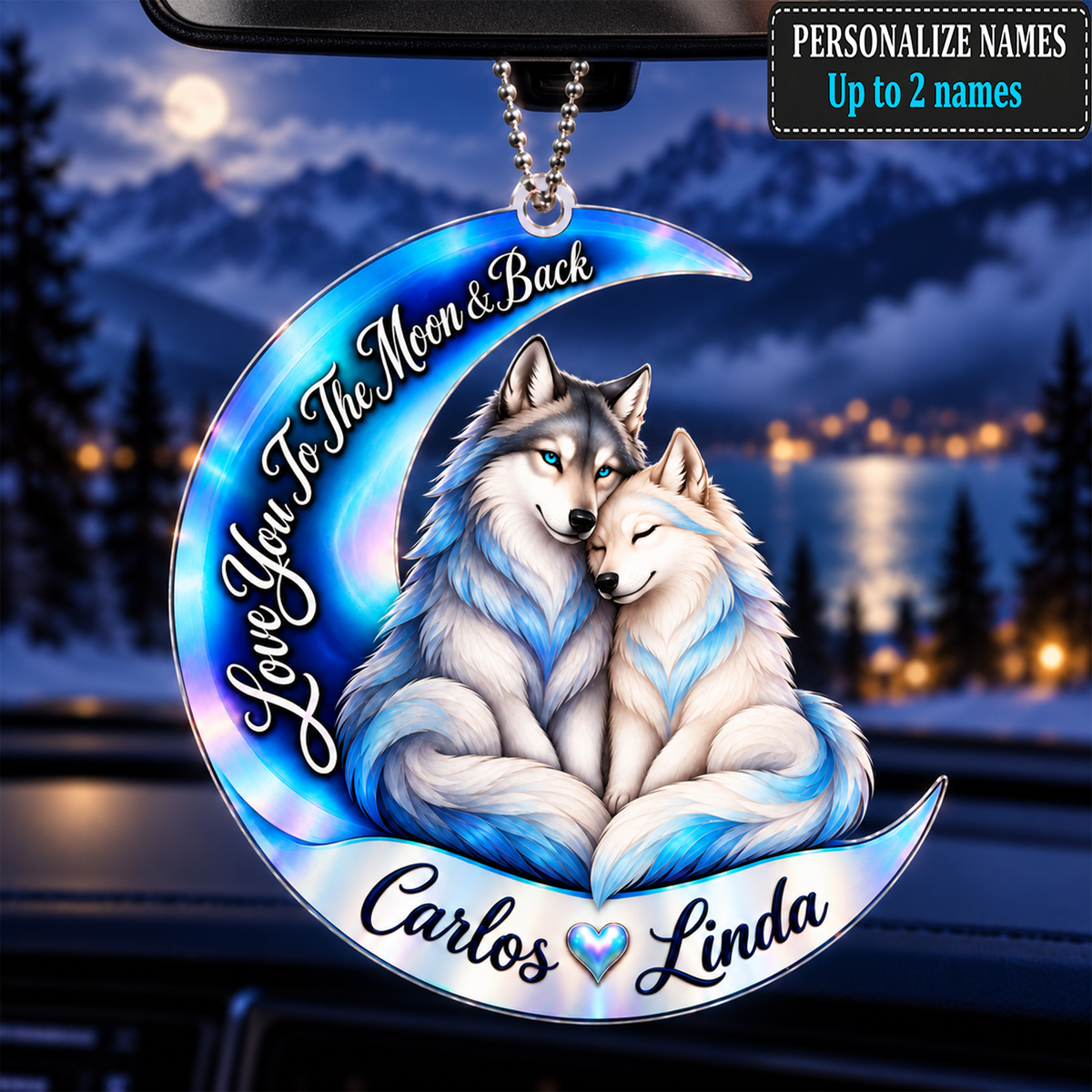 Personalized Names Love You to the Moon & Back Blue Wolf Couple Ornament – Anniversary Keepsake