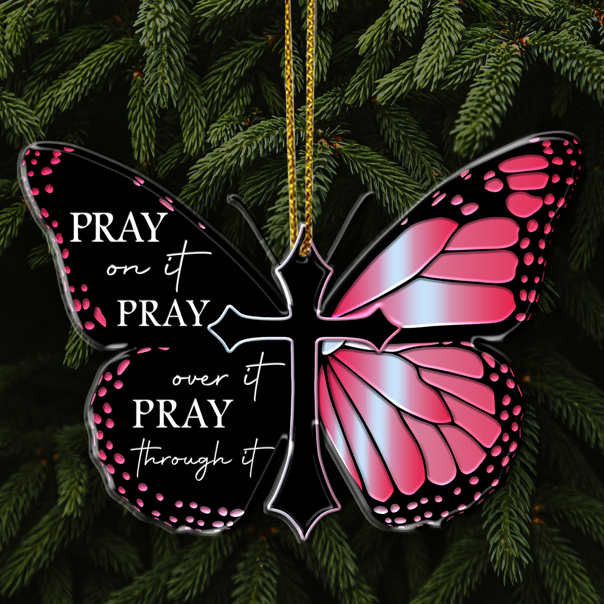 Pink Monarch Butterfly Pray Christian Cross Ornament Gift Bible Verse Christmas Ornament Car Hanging