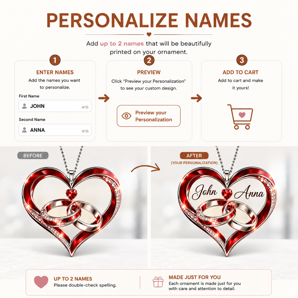 Personalized Couple Heart Car Ornament – Custom Names, Interlocking Rings Heart Keepsake, Anniversary Gift for Couples